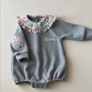 Gray Ribbed Baby Romper with Floral Collar